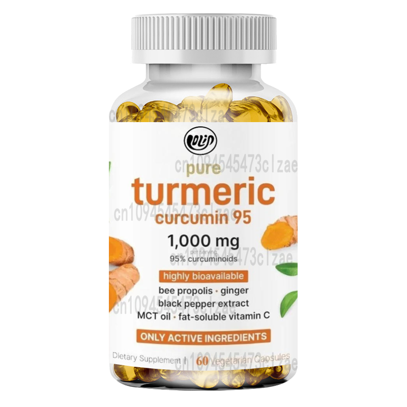 Turmeric Curcumin Capsule - ターメリッククルクミンサプリメント 1000mg、クルクミノイド95%含有、プロポリス、MCTオイル、ビタミンC、黒胡椒配合、ベジタリアンカプセル60粒