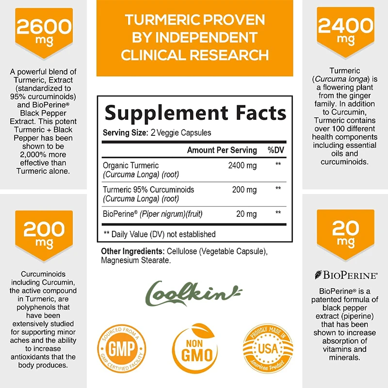 黒胡椒入りクルクミンサプリメント 2600mg、クルクミン9 - Turmeric Curcumin Capsule のレビューと価格
