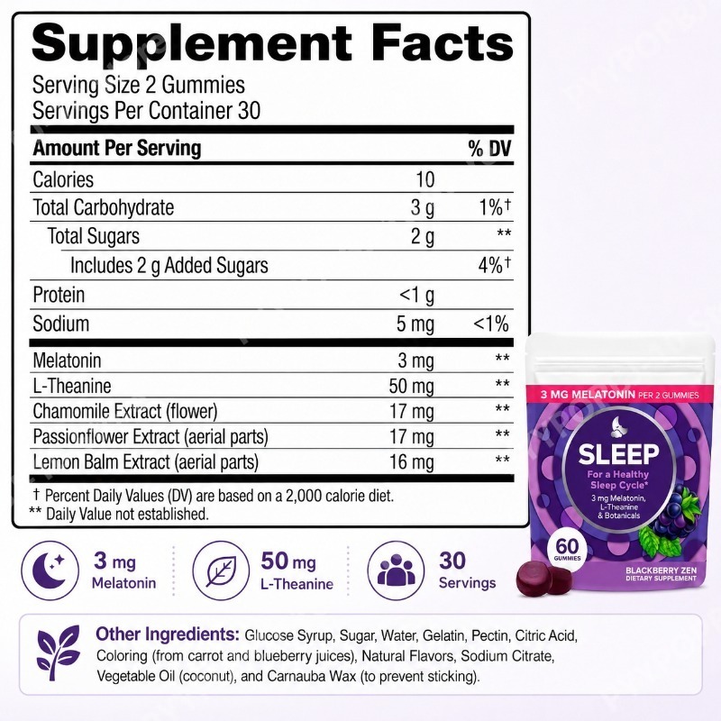 メラトニン睡眠グミ 3mg、L-テアニン、カモミール、パッシ - Melatonin Sleep Gummy のレビューと価格